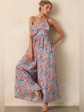 TOO GOOD NOT TO GO OUT BLUE FLORAL COTTON BOW FRONT JUMPSUIT